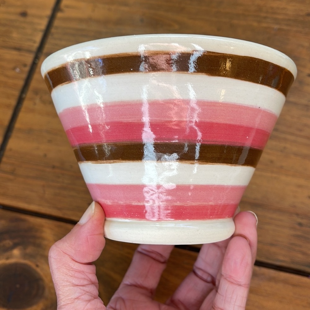 Striped Ceramic Bowl Candy Pink Brown Cream Handmade